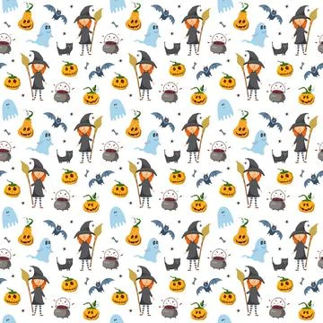 Halloween seamless pattern design. Cute cartoon elements, holiday background, Illustrazione stock