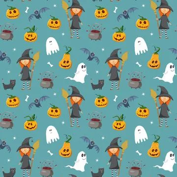 Halloween seamless pattern design. Cute cartoon elements, holiday background, Illustrazione stock