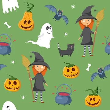 Halloween seamless pattern design. Cute cartoon elements, holiday background, Stock Illustration