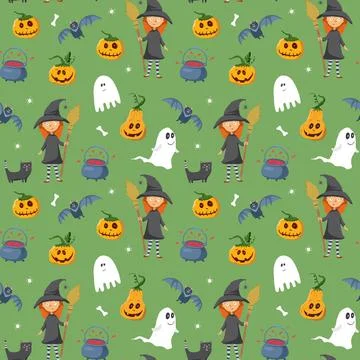 Halloween seamless pattern design. Cute cartoon elements, holiday background, Illustrazione stock