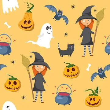Halloween seamless pattern design. Cute cartoon elements, holiday background, イラスト素材