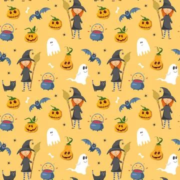 Halloween seamless pattern design. Cute cartoon elements, holiday background, Illustrazione stock
