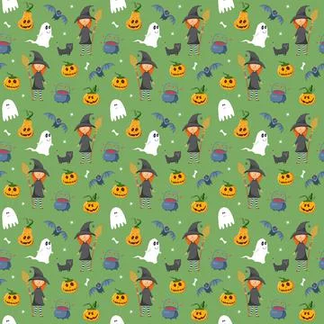 Halloween seamless pattern design. Cute cartoon elements, holiday background, 스톡 일러스트