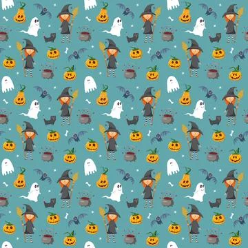 Halloween seamless pattern design. Cute cartoon elements, holiday background, Illustrazione stock
