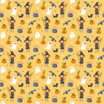 Halloween seamless pattern design. Cute cartoon elements, holiday background, イラスト素材