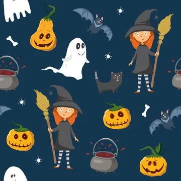 Halloween seamless pattern design. Cute cartoon elements, holiday background, イラスト素材