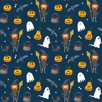 Halloween seamless pattern design. Cute cartoon elements, holiday background, 스톡 일러스트