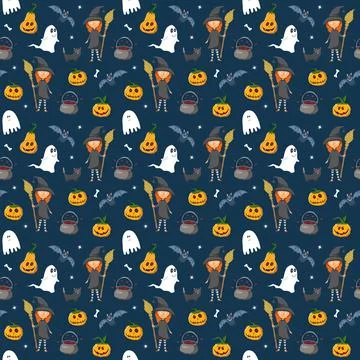 Halloween seamless pattern design. Cute cartoon elements, holiday background, Illustrazione stock