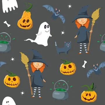 Halloween seamless pattern design. Cute cartoon elements, holiday background, 스톡 일러스트