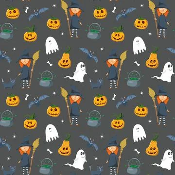 Halloween seamless pattern design. Cute cartoon elements, holiday background, 스톡 일러스트
