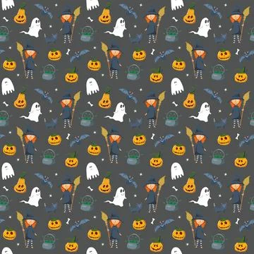 Halloween seamless pattern design. Cute cartoon elements, holiday background, Illustrazione stock