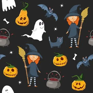 Halloween seamless pattern design. Cute cartoon elements, holiday background, Illustrazione stock