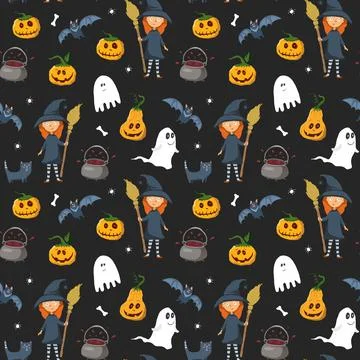 Halloween seamless pattern design. Cute cartoon elements, holiday background, 스톡 일러스트