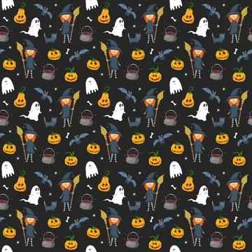 Halloween seamless pattern design. Cute cartoon elements, holiday background, Illustrazione stock