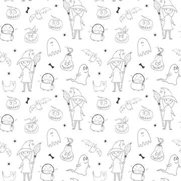 Halloween seamless pattern design. Cute cartoon elements, holiday background, Illustrazione stock