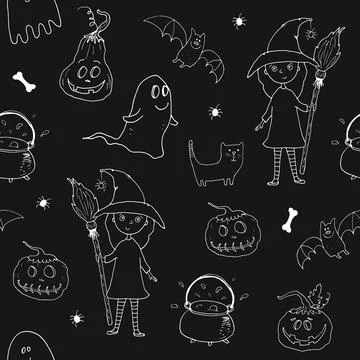 Halloween seamless pattern design. Cute cartoon elements, holiday background, Illustrazione stock