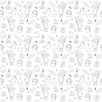 Halloween seamless pattern design. Cute cartoon elements, holiday background, 库存插图