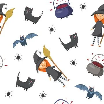 Halloween seamless pattern design. Cute cartoon elements, holiday background, Illustrazione stock