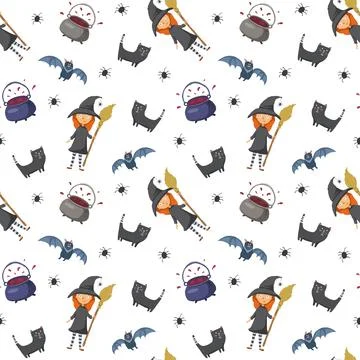 Halloween seamless pattern design. Cute cartoon elements, holiday background, Illustrazione stock