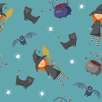Halloween seamless pattern design. Cute cartoon elements, holiday background, Stock Illustration