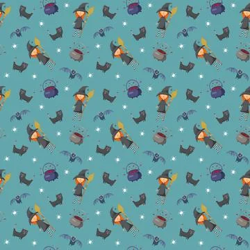 Halloween seamless pattern design. Cute cartoon elements, holiday background, Illustrazione stock
