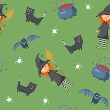 Halloween seamless pattern design. Cute cartoon elements, holiday background, 库存插图