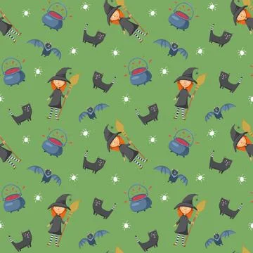 Halloween seamless pattern design. Cute cartoon elements, holiday background, Illustrazione stock