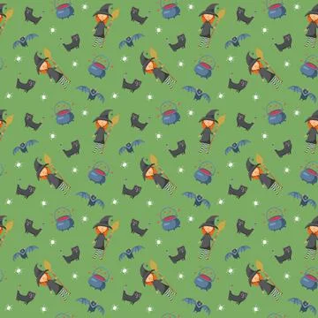 Halloween seamless pattern design. Cute cartoon elements, holiday background, Illustrazione stock