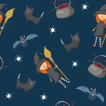 Halloween seamless pattern design. Cute cartoon elements, holiday background, イラスト素材