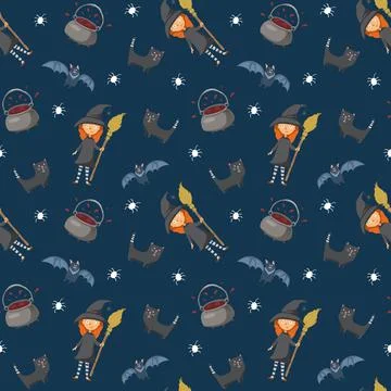 Halloween seamless pattern design. Cute cartoon elements, holiday background, Illustrazione stock
