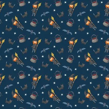 Halloween seamless pattern design. Cute cartoon elements, holiday background, Illustrazione stock
