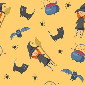 Halloween seamless pattern design. Cute cartoon elements, holiday background, Stock Illustration