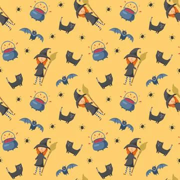 Halloween seamless pattern design. Cute cartoon elements, holiday background, Illustrazione stock