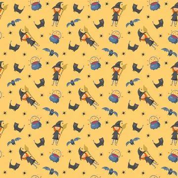 Halloween seamless pattern design. Cute cartoon elements, holiday background, イラスト素材
