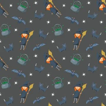 Halloween seamless pattern design. Cute cartoon elements, holiday background, Illustrazione stock