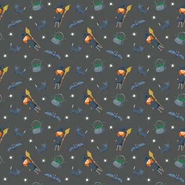 Halloween seamless pattern design. Cute cartoon elements, holiday background, Illustrazione stock