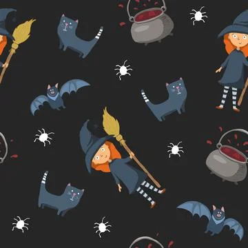Halloween seamless pattern design. Cute cartoon elements, holiday background, Illustrazione stock