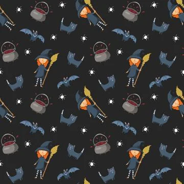 Halloween seamless pattern design. Cute cartoon elements, holiday background, Illustrazione stock