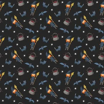 Halloween seamless pattern design. Cute cartoon elements, holiday background, Illustrazione stock