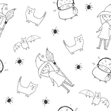Halloween seamless pattern design. Cute cartoon elements, holiday background, 스톡 일러스트