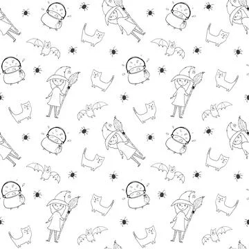 Halloween seamless pattern design. Cute cartoon elements, holiday background, Illustrazione stock
