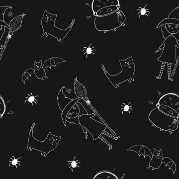 Halloween seamless pattern design. Cute cartoon elements, holiday background, Illustrazione stock