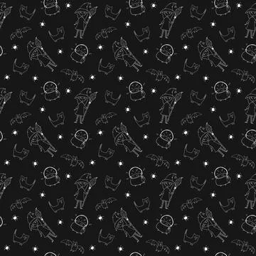 Halloween seamless pattern design. Cute cartoon elements, holiday background, Illustrazione stock