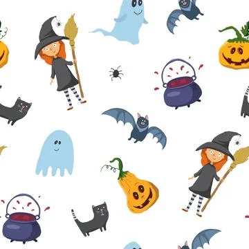 Halloween seamless pattern design. Cute cartoon elements, holiday background, Illustrazione stock