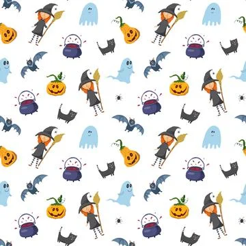 Halloween seamless pattern design. Cute cartoon elements, holiday background, Illustrazione stock