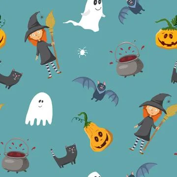 Halloween seamless pattern design. Cute cartoon elements, holiday background, Illustrazione stock