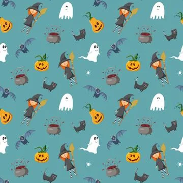 Halloween seamless pattern design. Cute cartoon elements, holiday background, Illustrazione stock