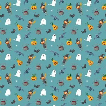 Halloween seamless pattern design. Cute cartoon elements, holiday background, 스톡 일러스트