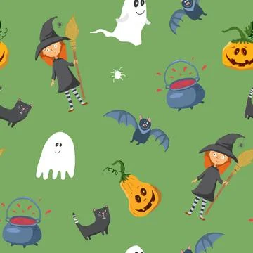 Halloween seamless pattern design. Cute cartoon elements, holiday background, 스톡 일러스트