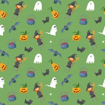 Halloween seamless pattern design. Cute cartoon elements, holiday background, Stock Illustration